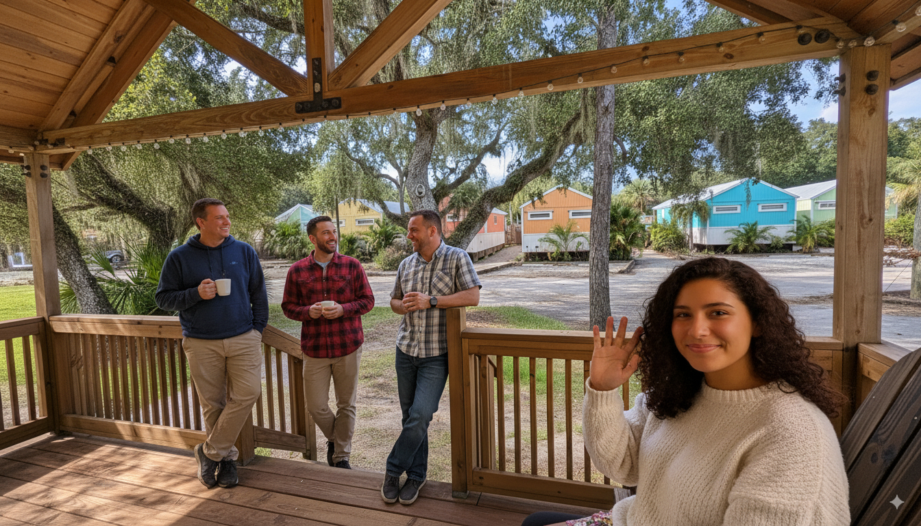 Adults relaxing on a porch near colorful cabins at Camp Impact